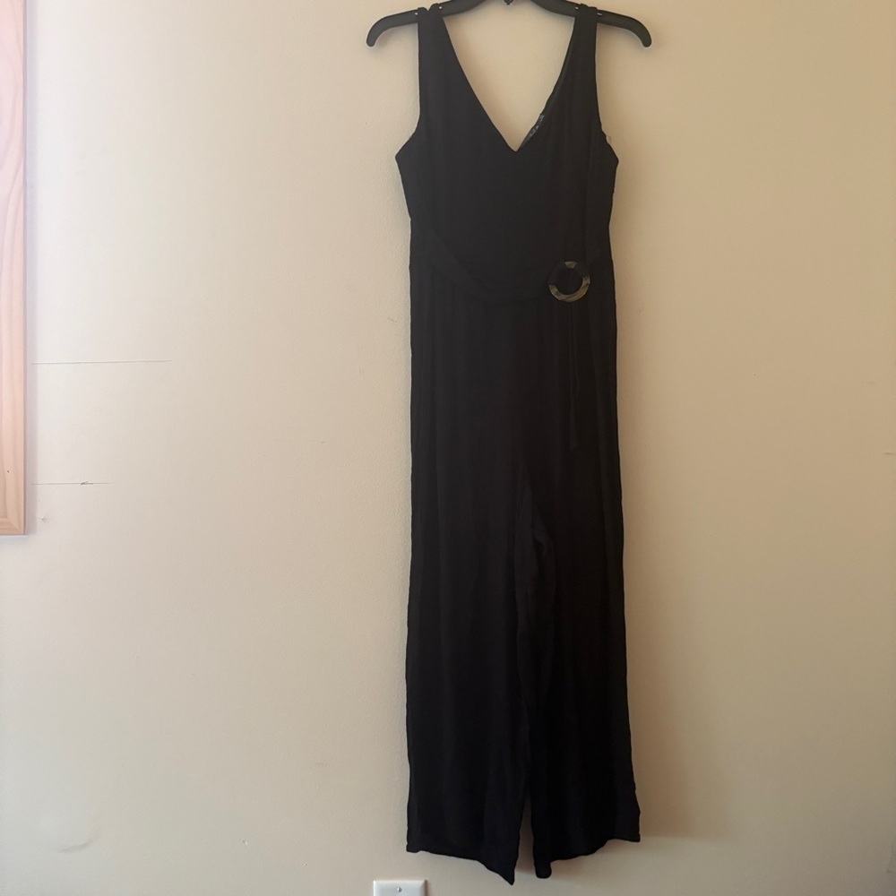 Crystal Doll Black Wide Leg Jumpsuit Ring Belt V Neck Juniors Size 9